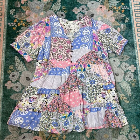 Rusttydustty Dress 3XL Purple V-Neck Short Sleeve Tiered Floral Mini Patchwork - Picture 11 of 15